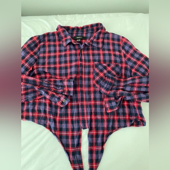 FOREVER 21 Pink Blue Checkered Collared Cropped Shirt with Front Knot in 2XL - Picture 3 of 6